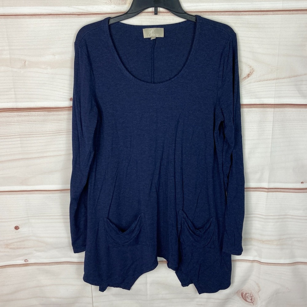Joan Vass Top Womens‎ L Blue Scoop Neck Tunic Knit Blouse Pockets Long Sleeve